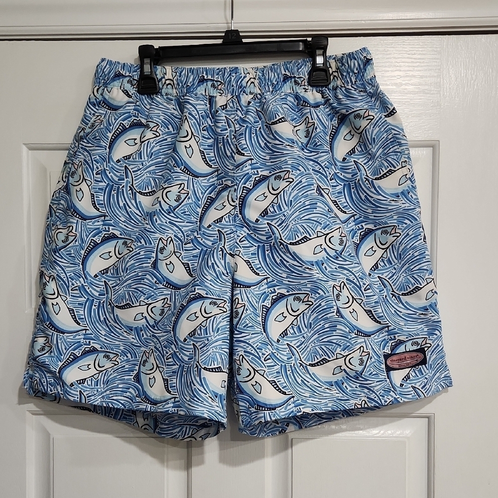 Vineyard Vines Blue and White Shark Swim Trunks Size Medium